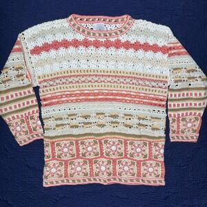 Cape Isle Knitters Hand Knit Crochet Granny Square Sweater Coral Cream Medium